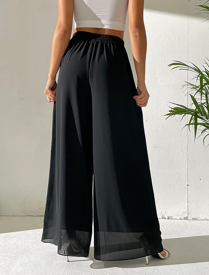 heipeiwa Women's Chiffon Dress Beach Wide Leg Palazzo Pants Elastic Waist Trouser