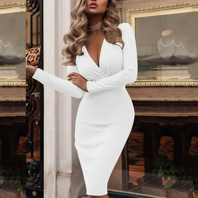 Dresses For Women 2023 Solid Color Long Sleeve Deep V Neck Pleated Long Bag Dress