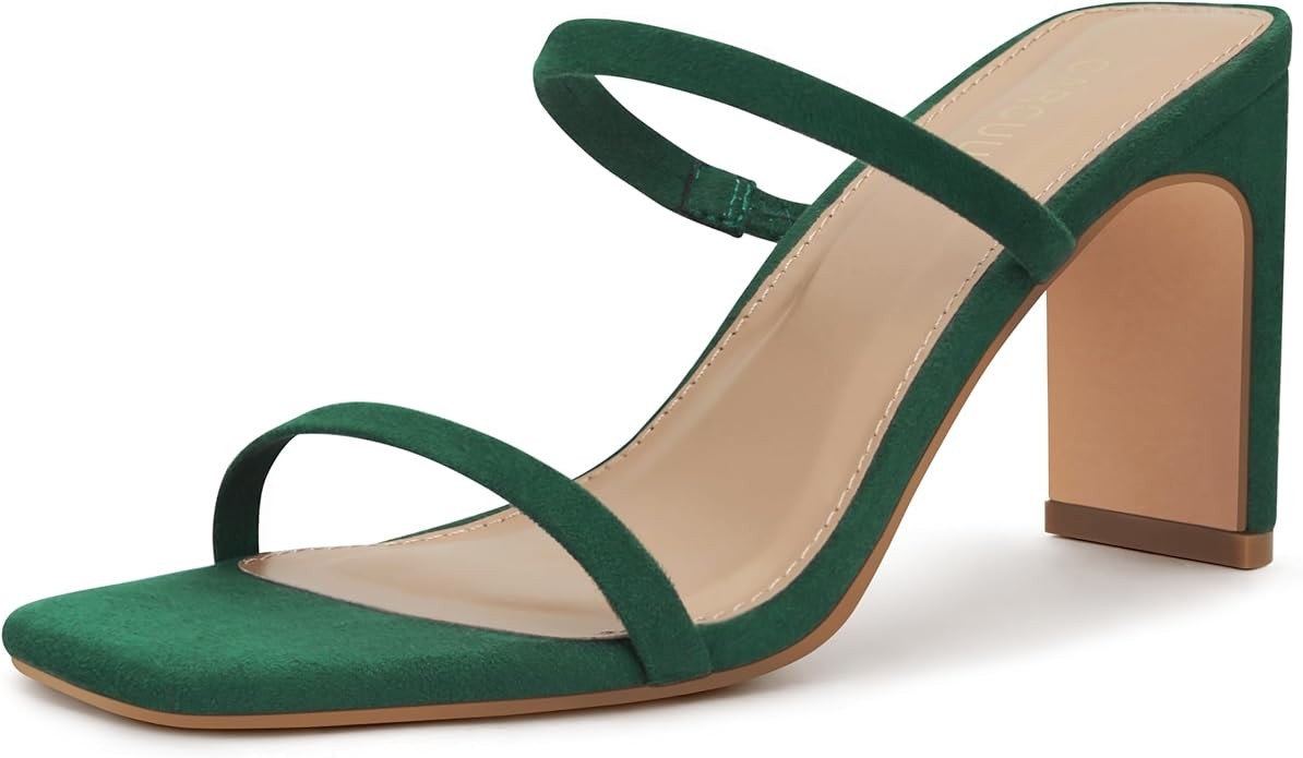 Carcuume Women's Square Toe Two Strap Open Toe Block Heels Sandals Slip On Shoes