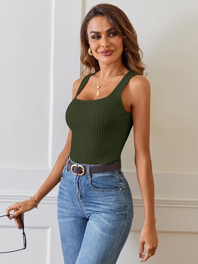 MEROKEETY Women's Ribbed Tank Tops Knit Square Neck Sleeveless Shirts Summer Casual Basic Tanks
