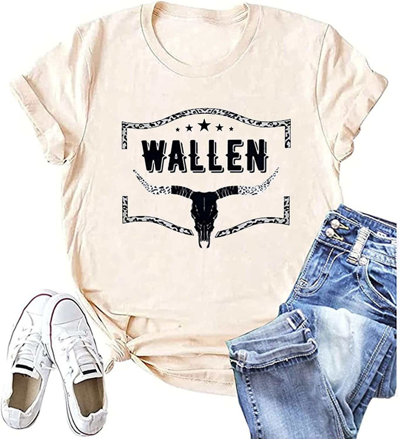 Retro Steer Skull Western T-Shirt Women Vintage Country Music Shirt Cute Cowgirl