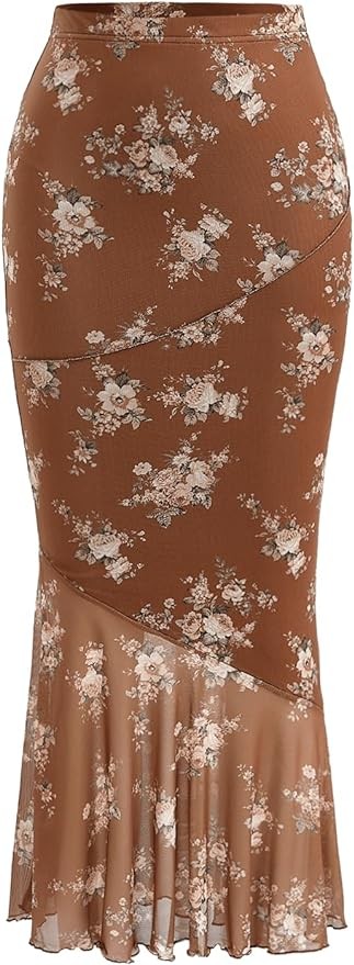 Milumia Women's Floral Mesh Ruffle Hem Maxi Skirt High Waisted Fishtail Long Skirts