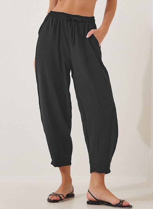 EVALESS Women's Summer High Waisted Baggy Pants Casual Ankle Length Trouser Slacks with Pockets