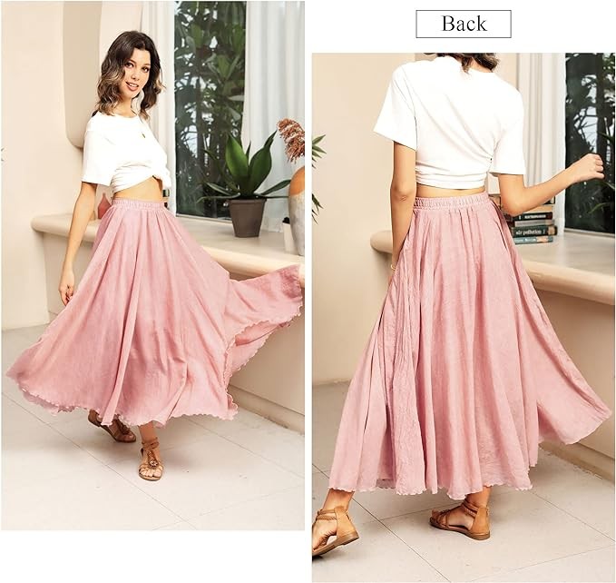 Ezcosplay Women Bohemian Beach A-Line Dress Double Layer Elastic Waist Long Maxi Skirt