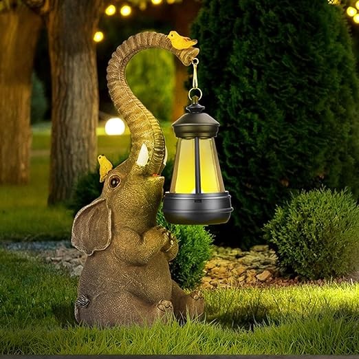 MEKOLIFE Solar Elephant Decor Statues Lights, Mothers Day Gifts for Women Grandma Wife, Elephant Figurines with Cute Birds Garden Sculpture Decor, Lucky Elephant Decor for Outside Yard Patio